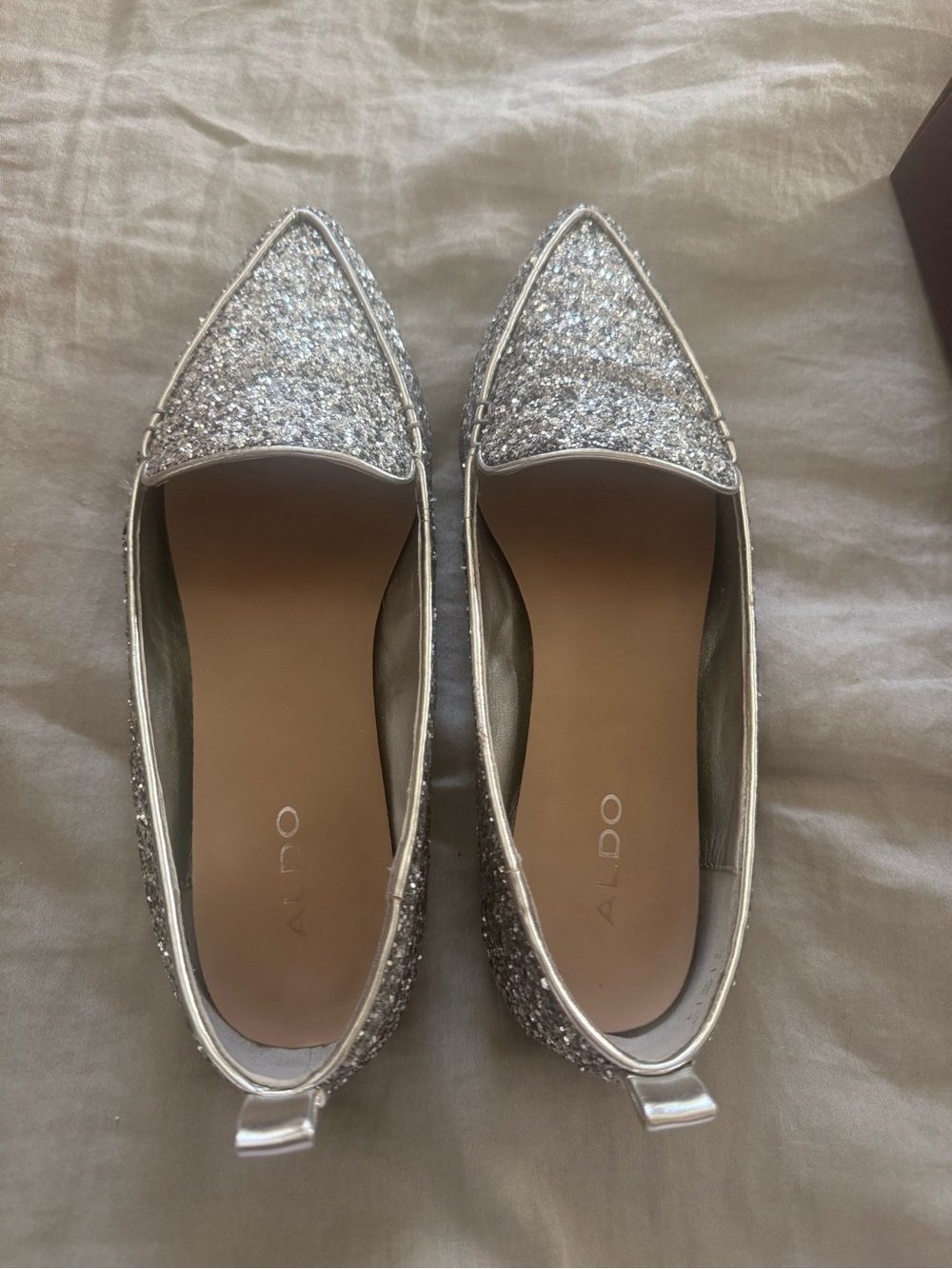 Aldo Silver Glitter Pointed Flats with Sparkle
